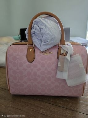 Coach Pink Signature Satchel with Tan Leather Handles